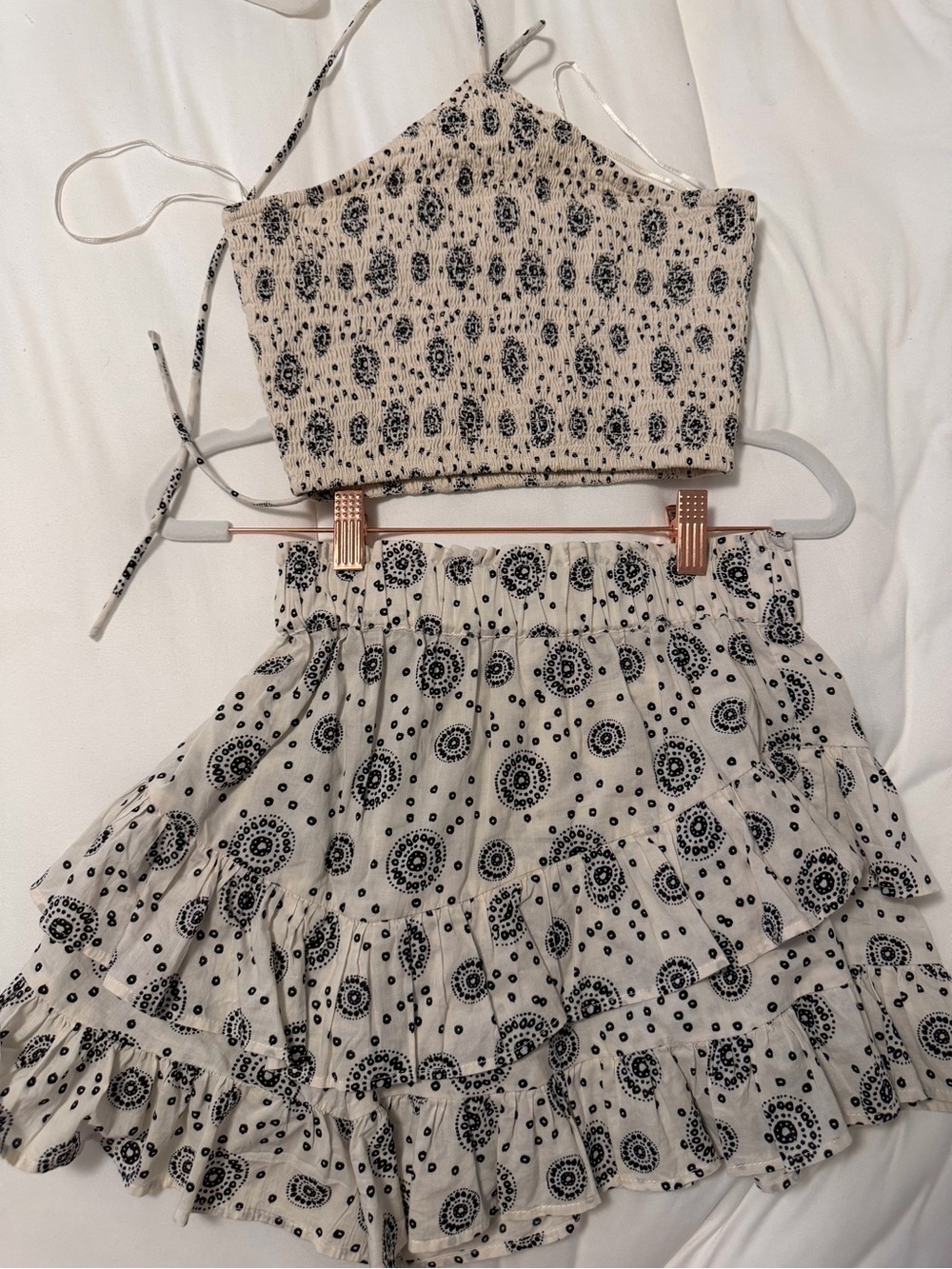 Mango Light Cream Printed Ruffle Mini Skirt and Halter top set
